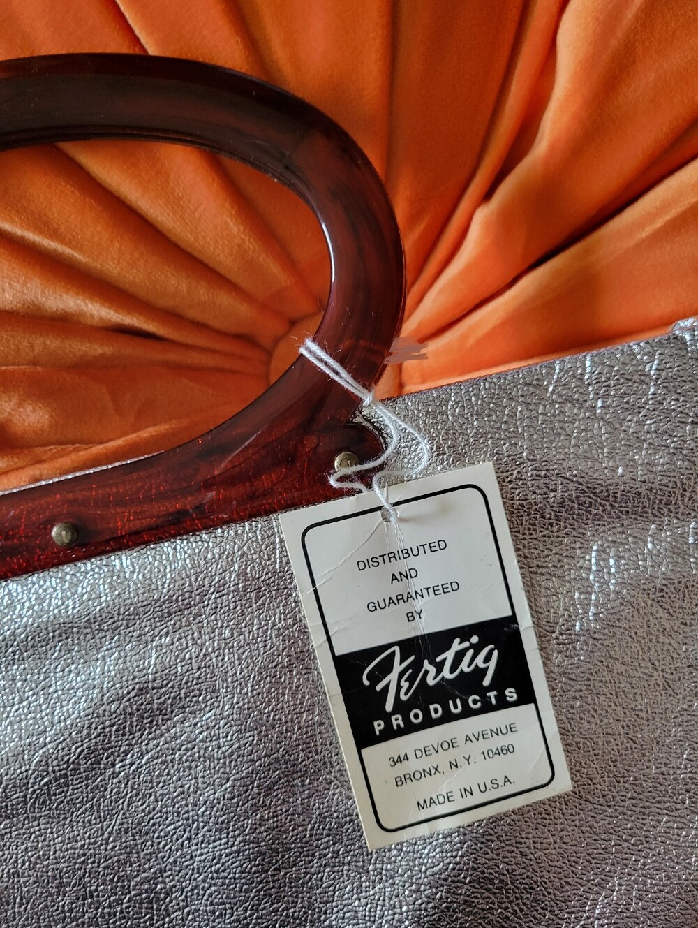 Fertig Silver Metallic Folding Tote Bag Brown Lucite Handles 1960s-70s NWT Mod!
